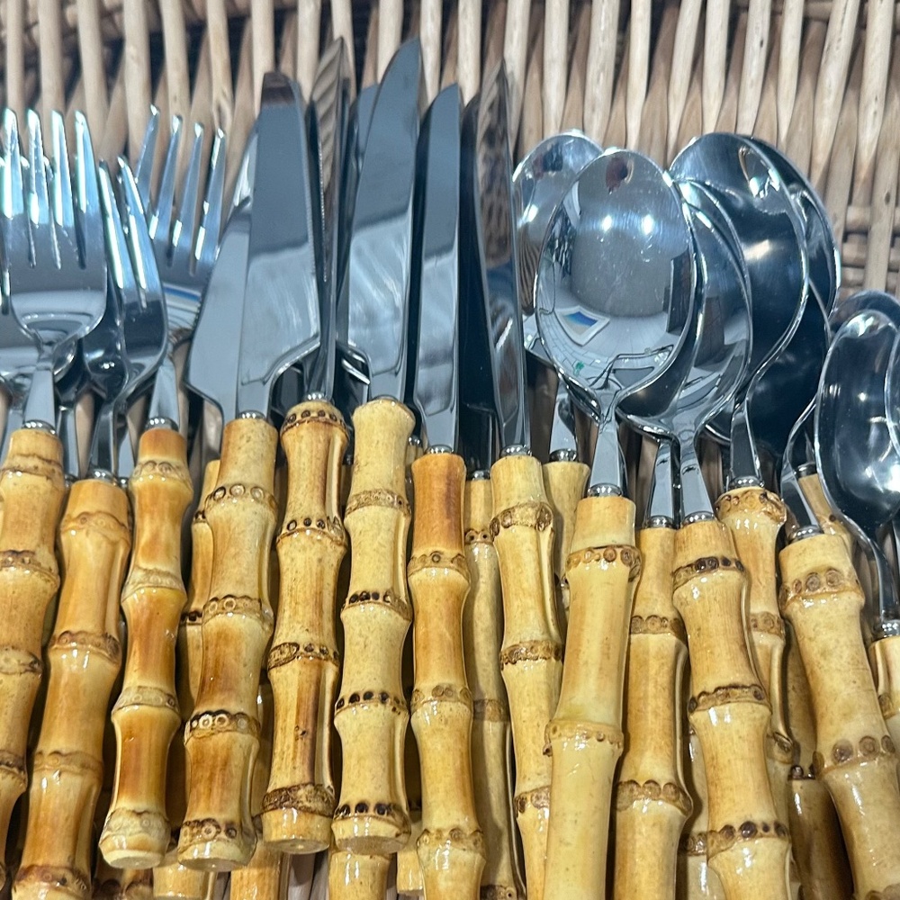 50-Piece Stainless Steel Bamboo Handle Flatware Silverware Set - Picture 2 of 2
